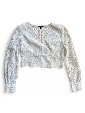 White Cotton Crop Top Eyelet Lace Blouse Long Sleeve Large